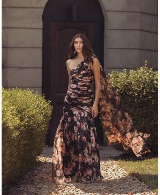 Mac Duggal One Shoulder Floral Printed Chiffon Gown