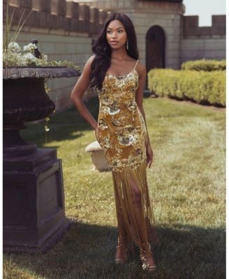 Mac Duggal Embellished Fringe Hem Velvet Mini Dress