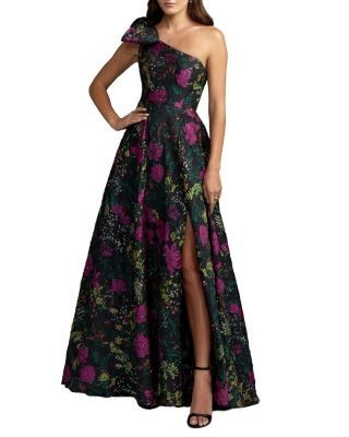 Mac Duggal One Shoulder Brocade Floral Gown With Bow