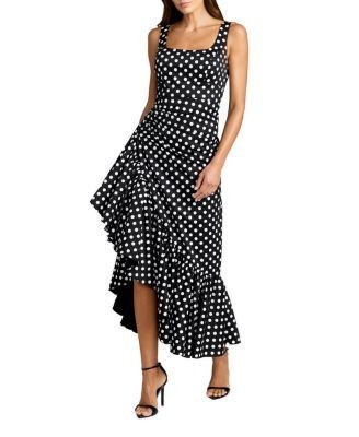 Mac Duggal Sleeveless Polka Dot Midi Dress with Ruffled Hem