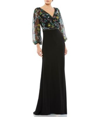 Mac Duggal Embroidered Illusion Puff Sleeve Column Gown