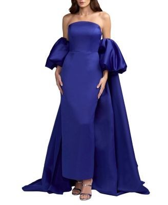 Mac Duggal Strapless Puff Sleeve Satin Gown With Cape