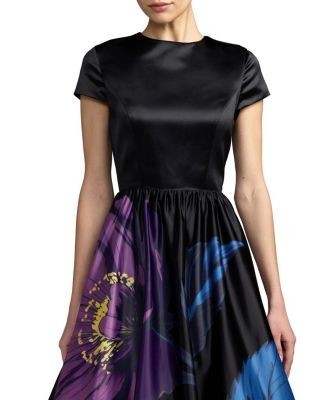 Mac Duggal Satin Cap Sleeve Floral Printed A-Line Dress