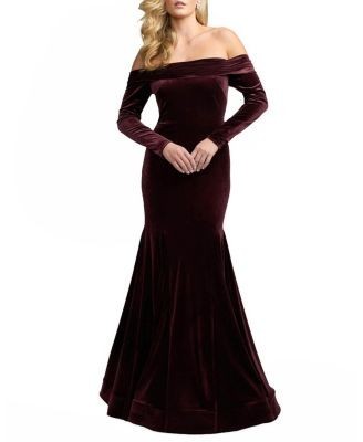 Mac Duggal Velvet Off The Shoulder Long Sleeve Mermaid Gown