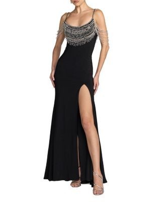 Mac Duggal Crystal Beaded Scoop Back Jersey Gown with Slit