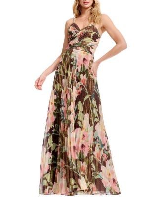 Dress the Population Floral Pleated V-Neck Gown