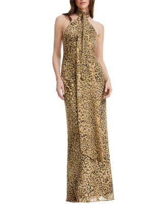 Dress the Population Olivia Halter High Neck Leopard Print Bodycon Gown