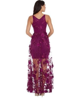 Dress the Population Sidney V-Neck 3D Floral Sheer Overlay Gown