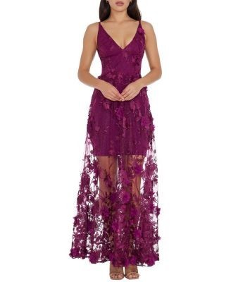 Dress the Population Sidney V-Neck 3D Floral Sheer Overlay Gown