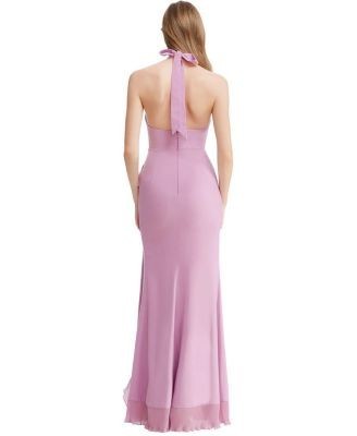 Dress the Population Kathleen Halter Plunge Ruffle Slit Gown