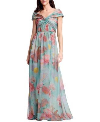 Dress the Population Xyla Off-the-Shoulder Floral Print Chiffon Gown