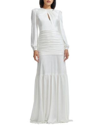 Dress the Population Lucille Long Sleeve Keyhole Neck Ruched Tiered Gown