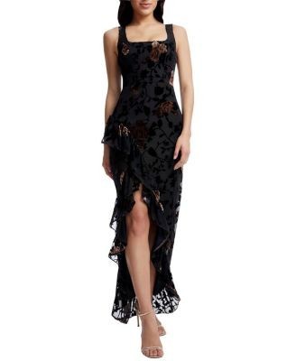 Dress the Population Charlene Square Neck Floral Velvet Ruffle Gown