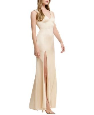 Dress the Population Sandra V-Neck Satin High Slit Fitted Gown