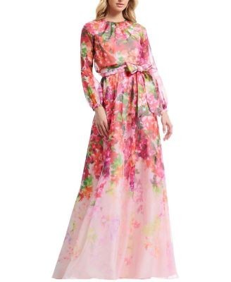Dress the Population Rainey Long Sleeve Jewel Neck Floral Print Belted Gown