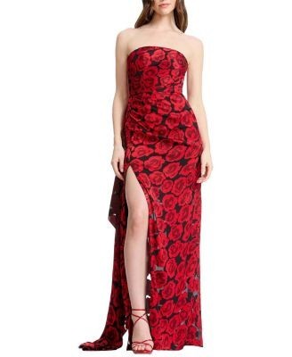 Dress the Population Lulu Strapless Rose Print Ruched High Slit Gown