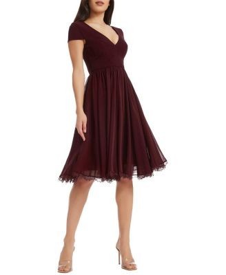 Dress the Population Corey Deep V-Neck Lace Trim Midi Dress