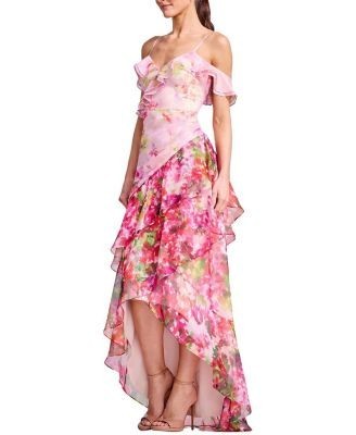 Dress the Population Lumi Spaghetti Strap Floral Print Cold Shoulder Ruffle Gown