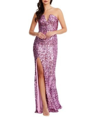 Dress the Population Fernanda Strapless Sequin Plunge High Slit Gown