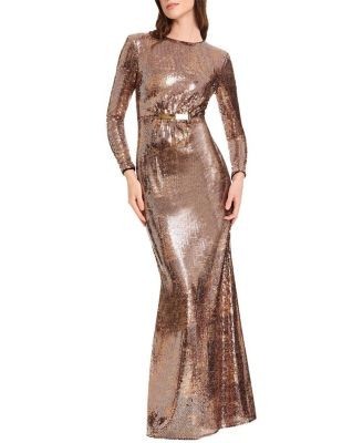 Dress the Population Johanna Long Sleeve Jewel Neck Sequin Belted Mermaid Gown