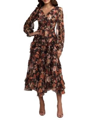 Mac Duggal Floral Long Sleeve Mirco Ruffle Midi Dress