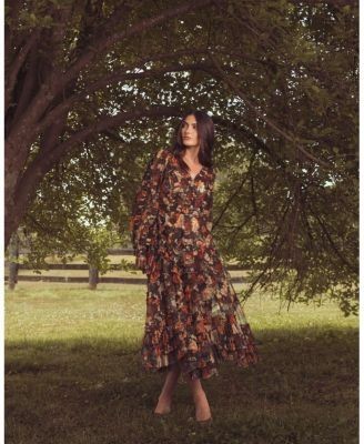 Mac Duggal Floral Long Sleeve Mirco Ruffle Midi Dress