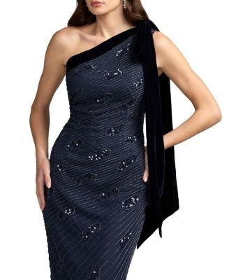 Mac Duggal Beaded One Shoulder Gown With Velvet Bow