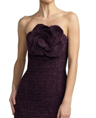 Mac Duggal Boucle Strapless Midi Dress With 3D Flower