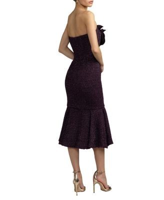 Mac Duggal Boucle Strapless Midi Dress With 3D Flower