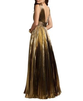 Mac Duggal Sleeveless Metallic V-Neck Gown With Ruffle Detail