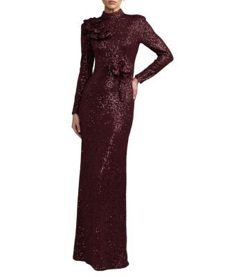 Mac Duggal Long Sleeve Flower Detail Sequin Gown