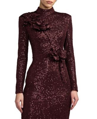 Mac Duggal Long Sleeve Flower Detail Sequin Gown