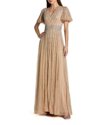 Mac Duggal Hand Embellished V-Neck Flutter Sleeve Gown