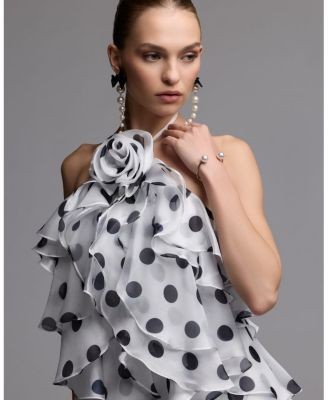 Mac Duggal Polka Dot Halter Neck Ruffle Mini Dress with Tiered Skirt