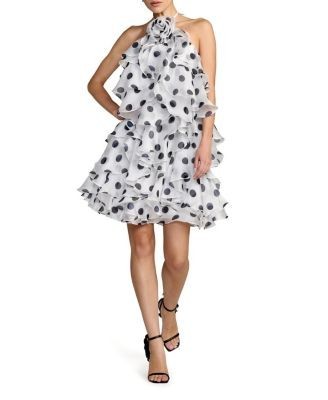 Mac Duggal Polka Dot Halter Neck Ruffle Mini Dress with Tiered Skirt