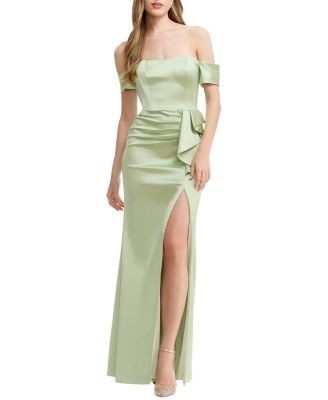 Dress the Population Gabrielle Off-the-Shoulder Satin Ruffle Gown