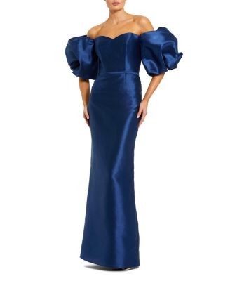Mac Duggal Off The Shoulder Puff Sleeve Satin Evening Gown