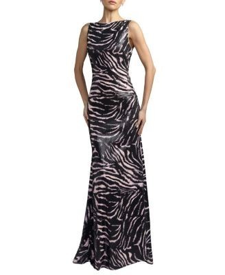 Mac Duggal Tiger Print Cowl Back Sequin Gown
