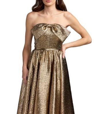 Mac Duggal Strapless Metallic Gown With Bow Detail