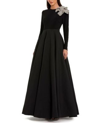 Mac Duggal Petite Long Sleeve Jersey And Taffeta Flower Gown