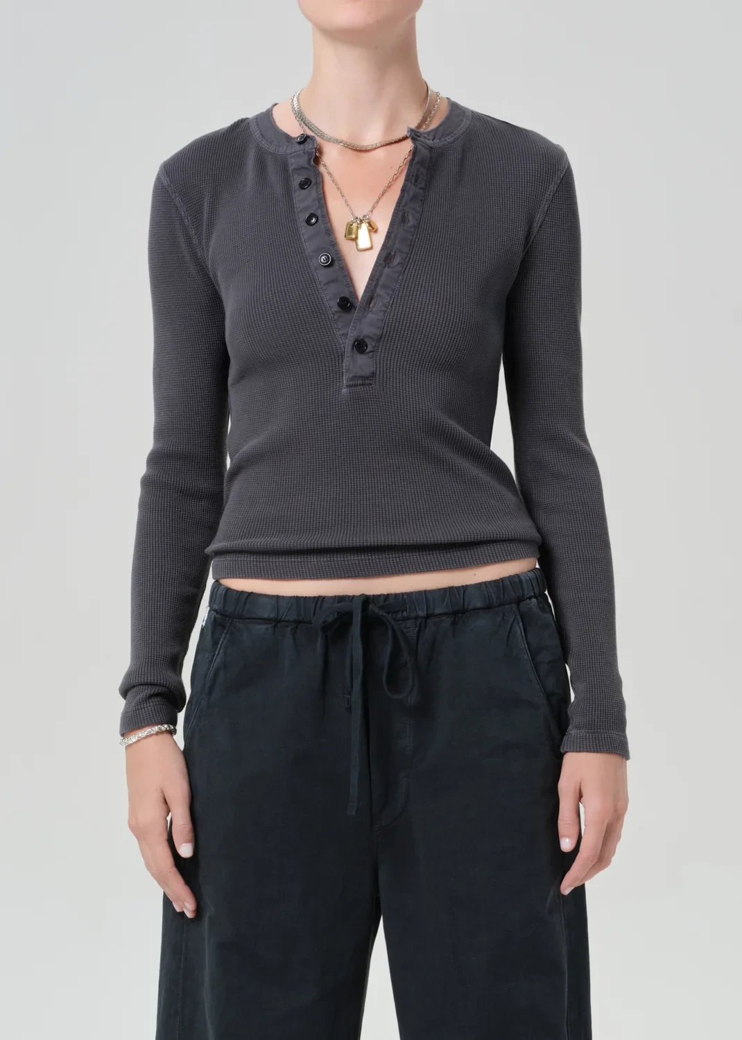 Drea Waffle Henley in Charcoal