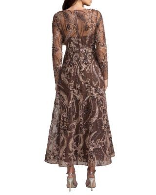 Mac Duggal Floral Embroidered 3/4 Sleeve V Neck Midi Dress