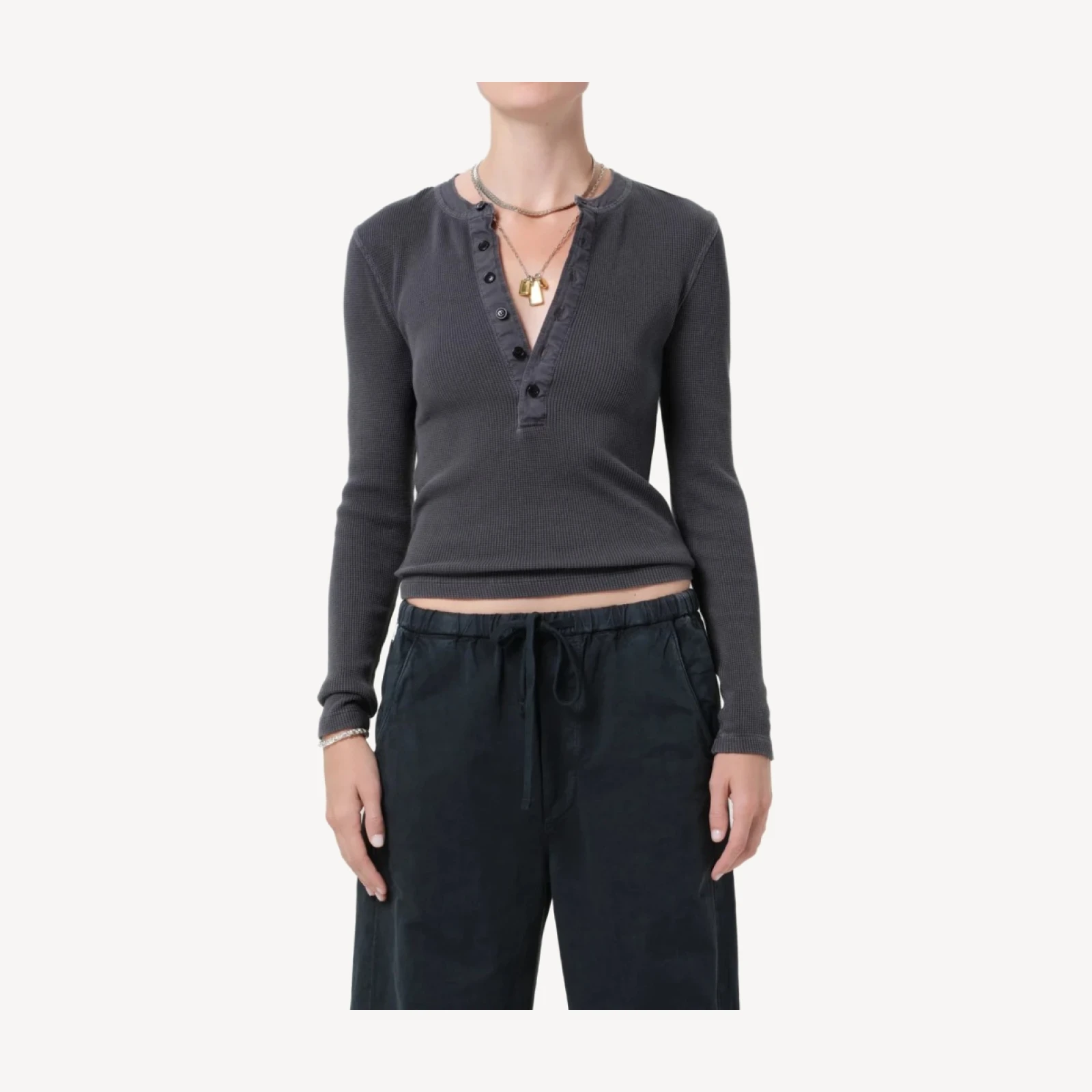 Drea Waffle Henley in Charcoal