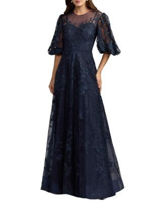 Mac Duggal Embroidered Illusion Neck Puff Sleeve A-Line Gown