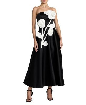 Mac Duggal Strapless Satin A-Line Gown with 3D Floral Applique