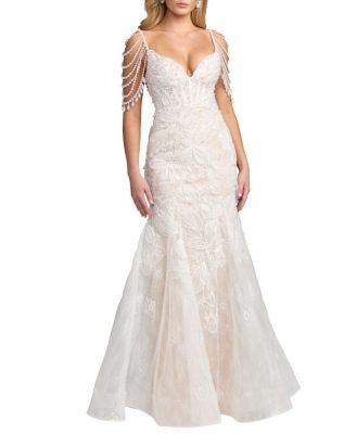 Mac Duggal Floral Lace Mermaid Gown With Draped Beading
