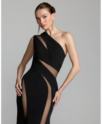 Mac Duggal One Shoulder Crepe Illusion Cutout Gown