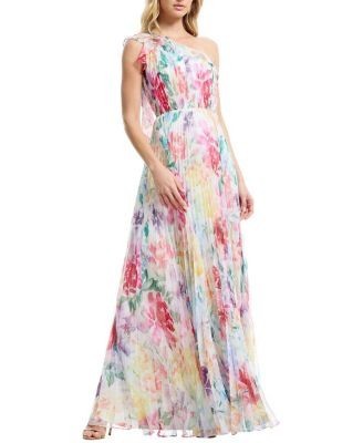 Dress the Population Leandra One-Shoulder Printed Chiffon Gown