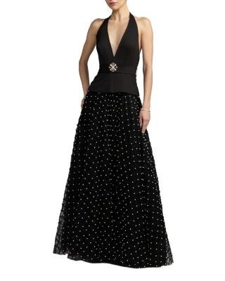 Mac Duggal Petite Halter Neck A-Line Gown With Pearl Embellished Skirt