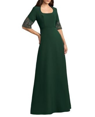 Mac Duggal Scoop Neck Beaded Cuff Crepe Gown
